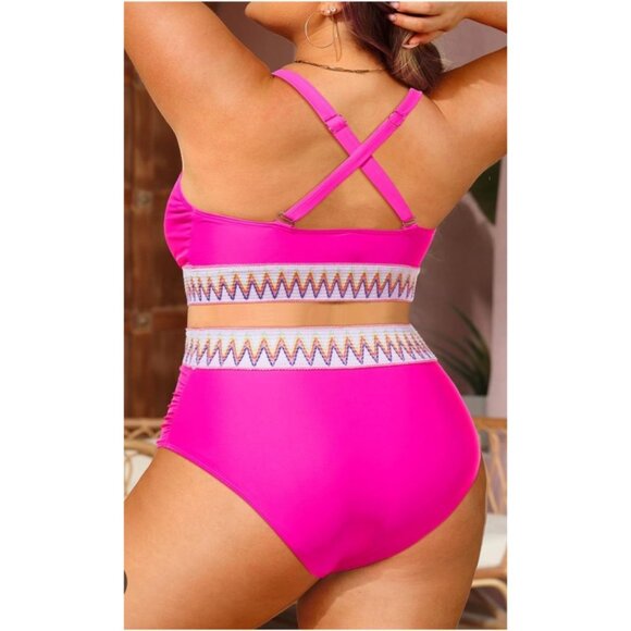 Yonique Womens Plus Size 16W Two-Piece Bikini High-Waisted Swimsuit Zigzag Sexy - Picture 2 of 11